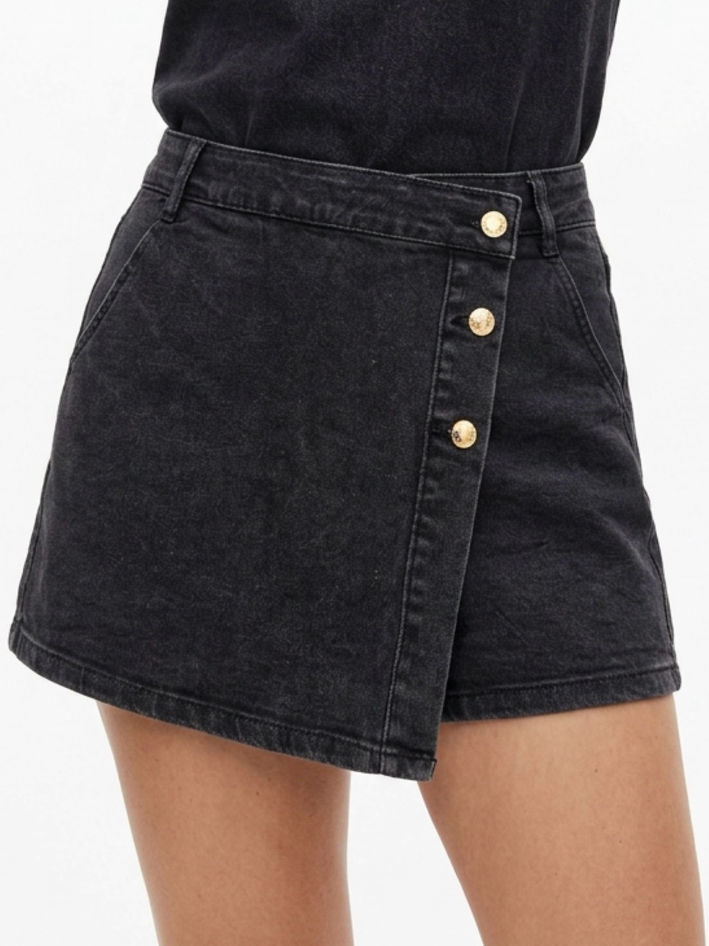 Black Denim Skort with Gold Button Detail